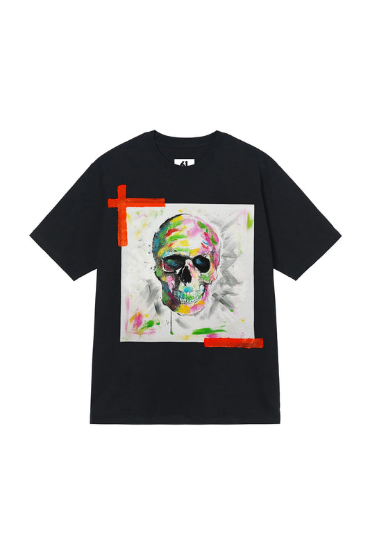 Skull Print W/Hand Painted Art Work Tee Black
