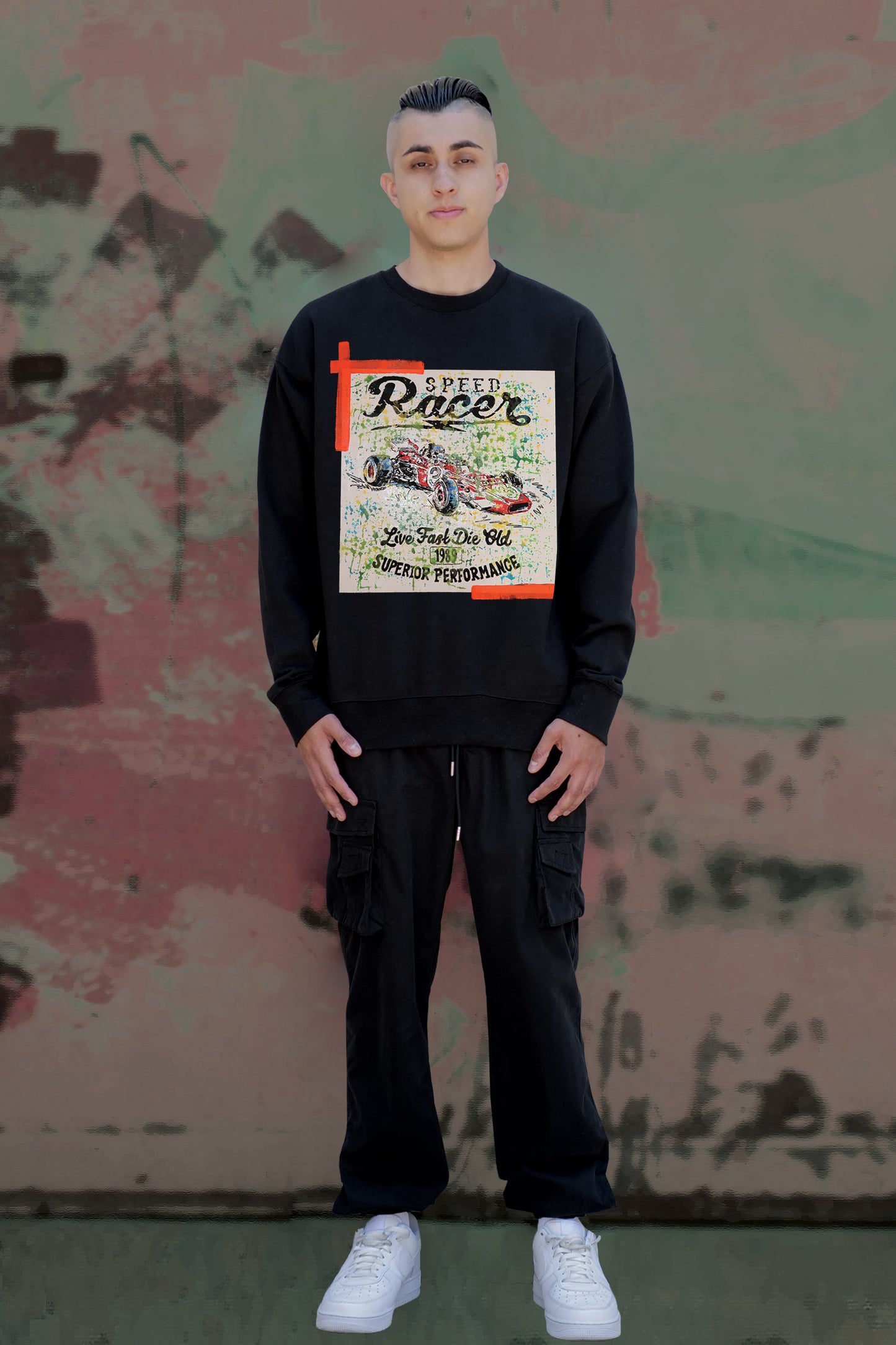 Racing Car Print W/Hand Painted Art Work Crew Black