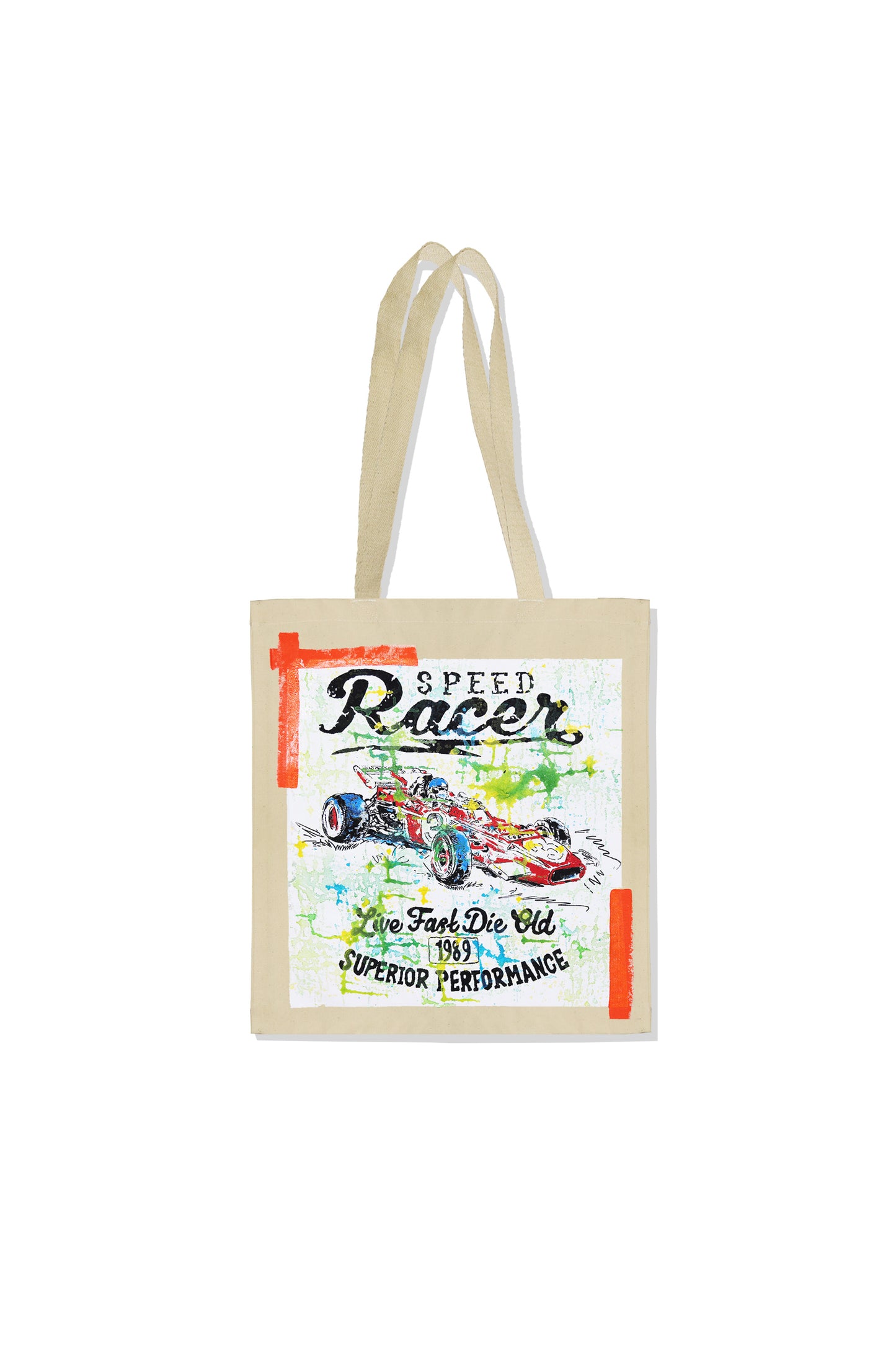 Racing Car Print W/Hand Painted Art Work Canvas Tote Bag
