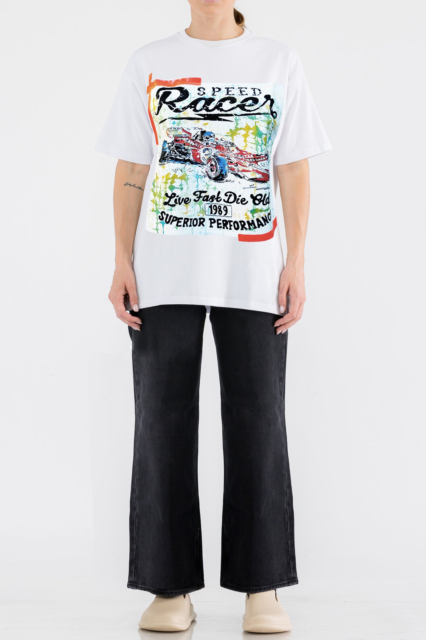 Racing Car Print W/Hand Painted Art Work Tee White