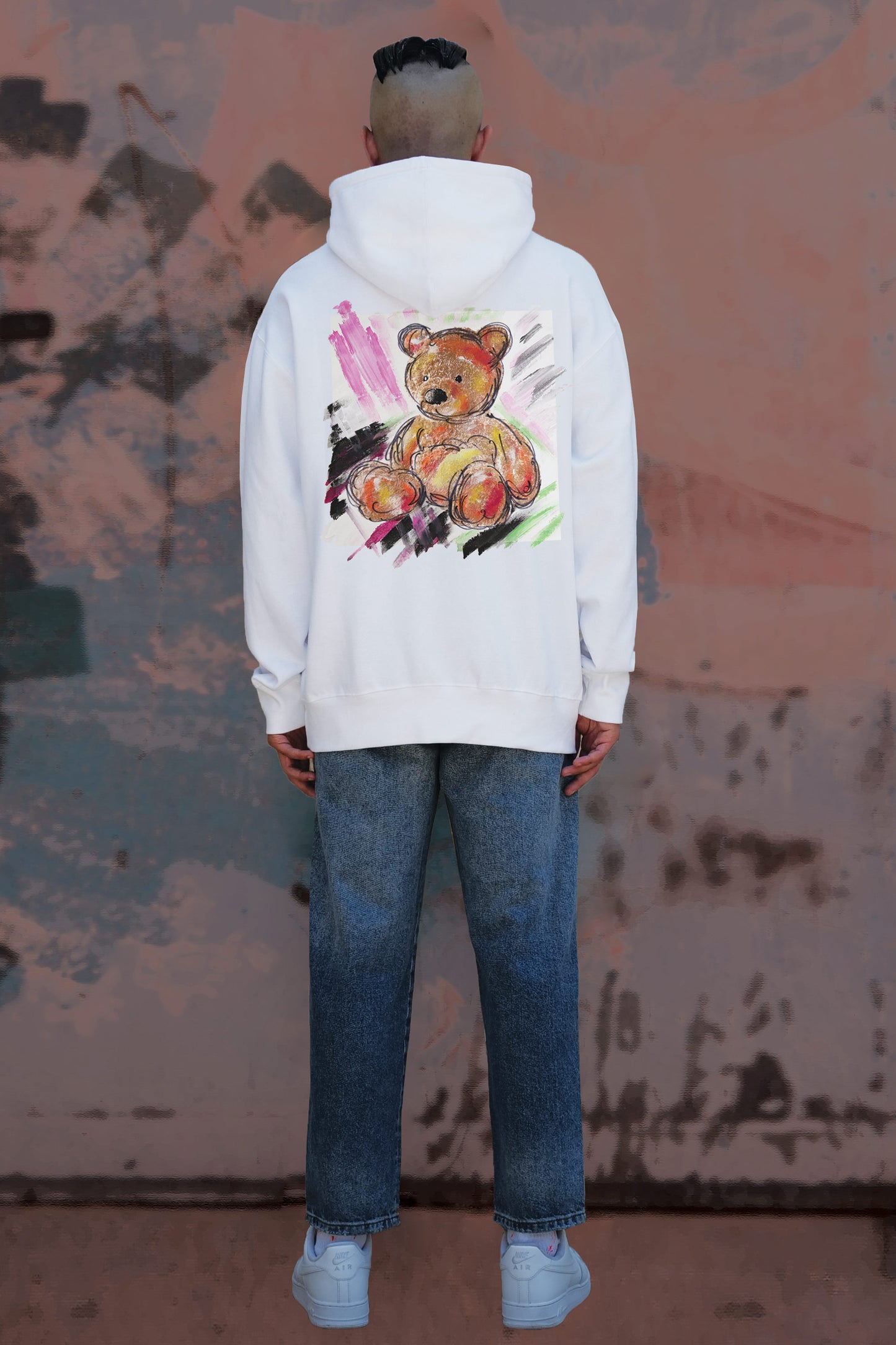 Teddy Bear Print W/Hand Painted Art Work Hoodie White