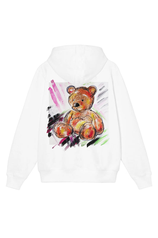 Teddy Bear Print W/Hand Painted Art Work Zip Up White