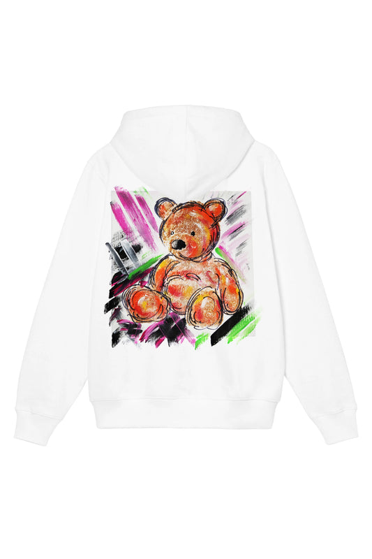 Teddy Bear Print W/Hand Painted Art Work Zip Up White