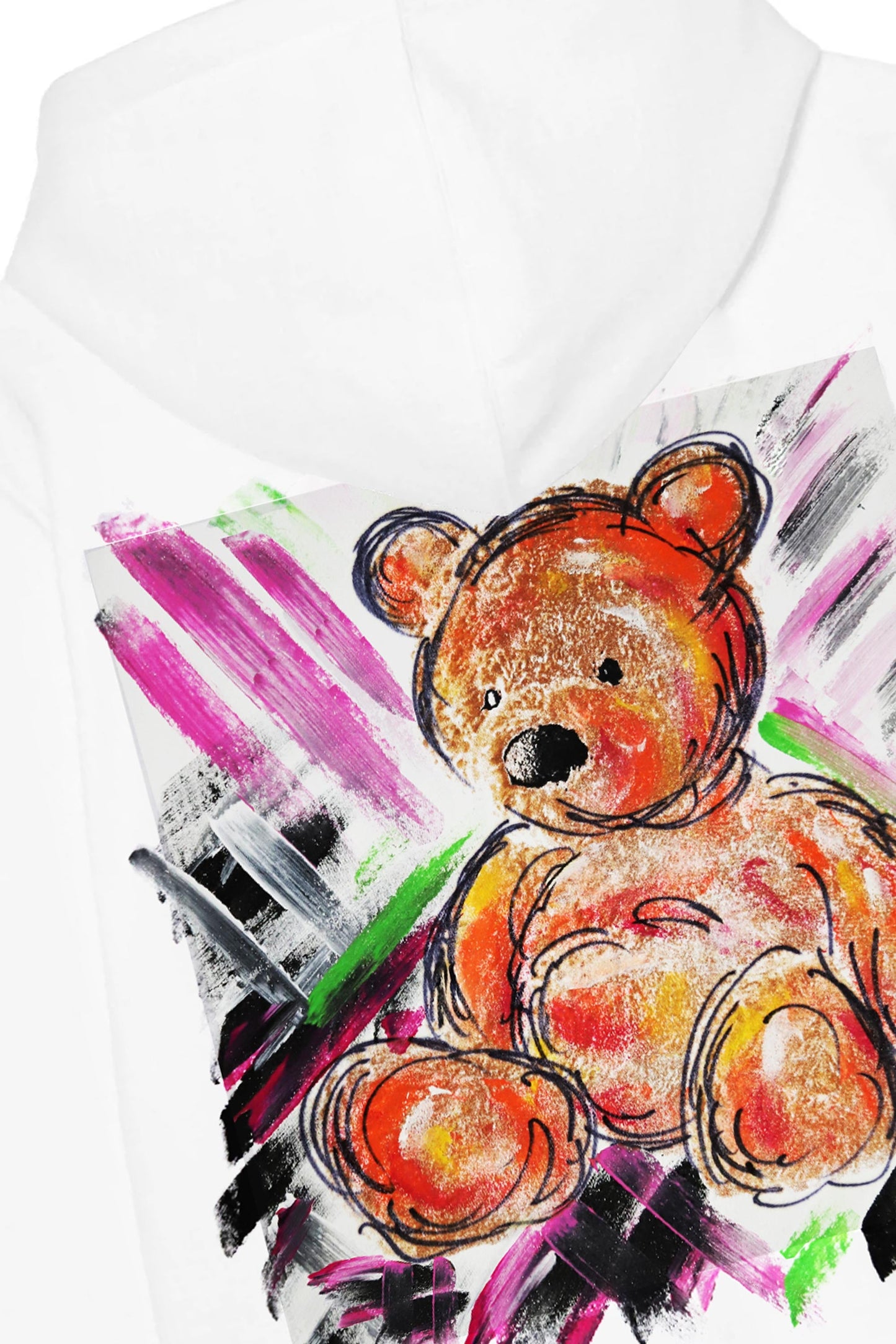 Teddy Bear Print W/Hand Painted Art Work Zip Up White