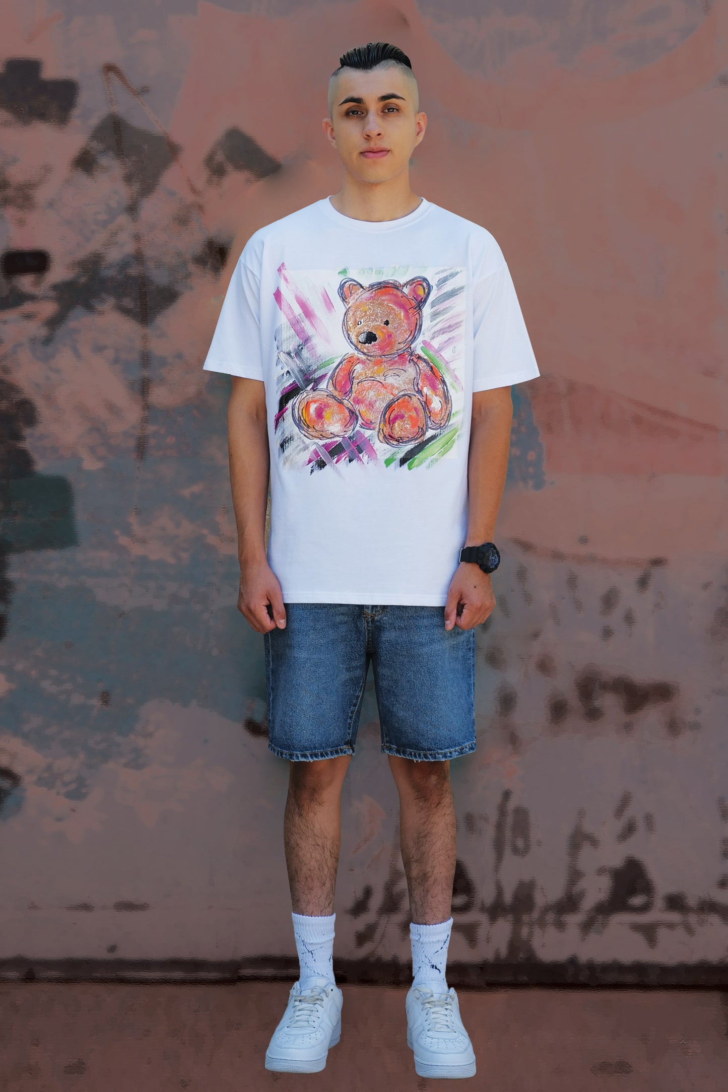 Teddy Bear Print W/Hand Painted Art Work Tee White