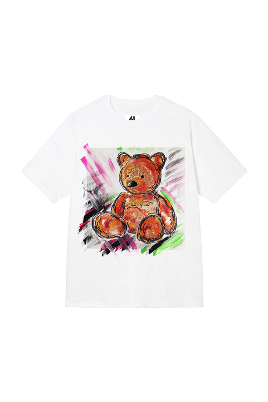 Teddy Bear Print W/Hand Painted Art Work Tee White