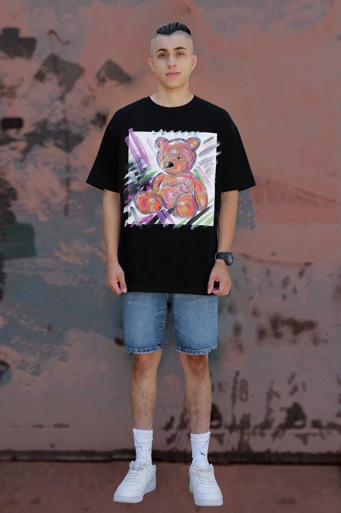 Teddy Bear Print W/Hand Painted Art Work Tee Black