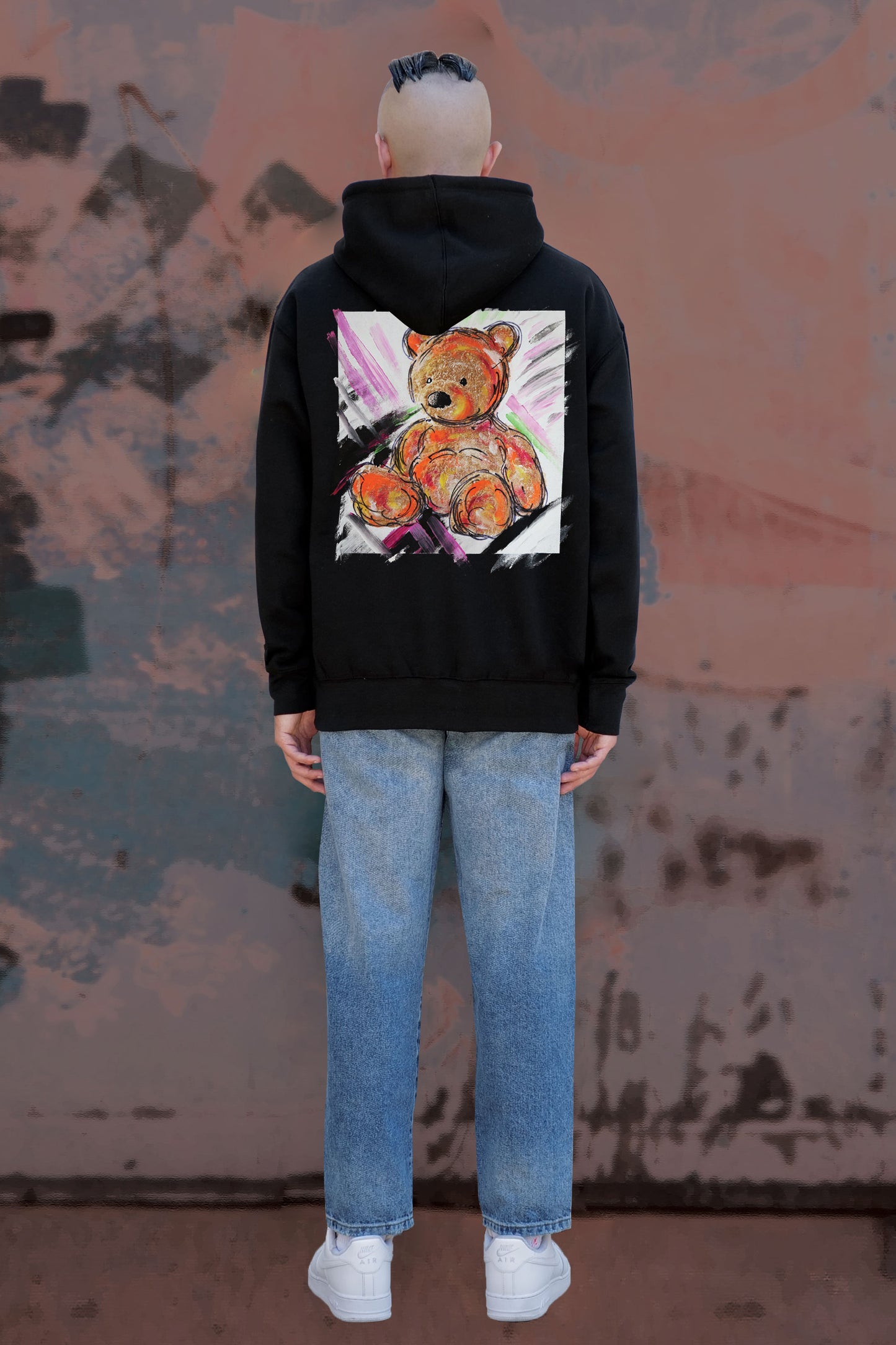 Teddy Bear Print W/Hand Painted Art Work Hoodie Black