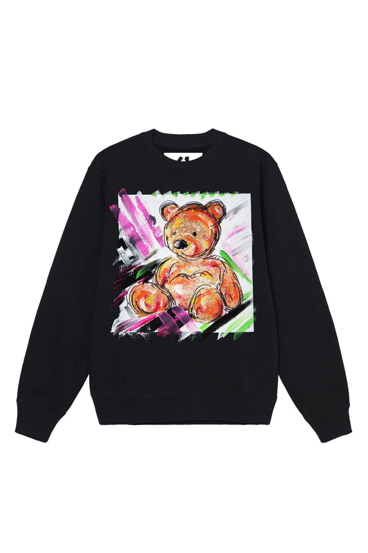 Teddy Bear Print W/Hand Painted Art Work Crew Black