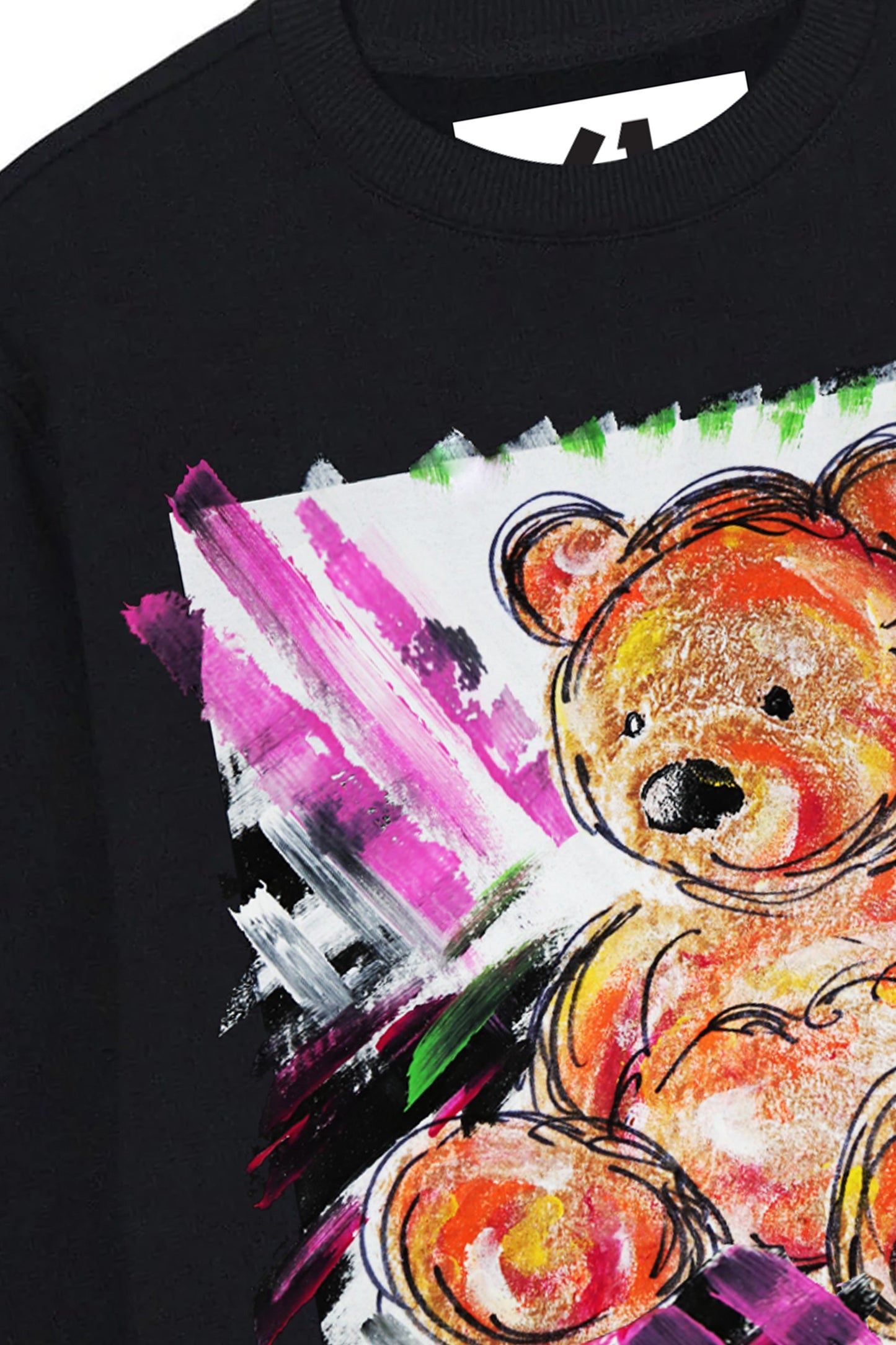 Teddy Bear Print W/Hand Painted Art Work Crew Black