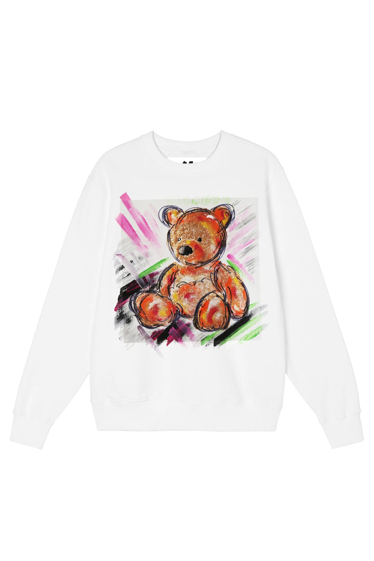 Teddy Bear Print W/Hand Painted Art Work Crew White