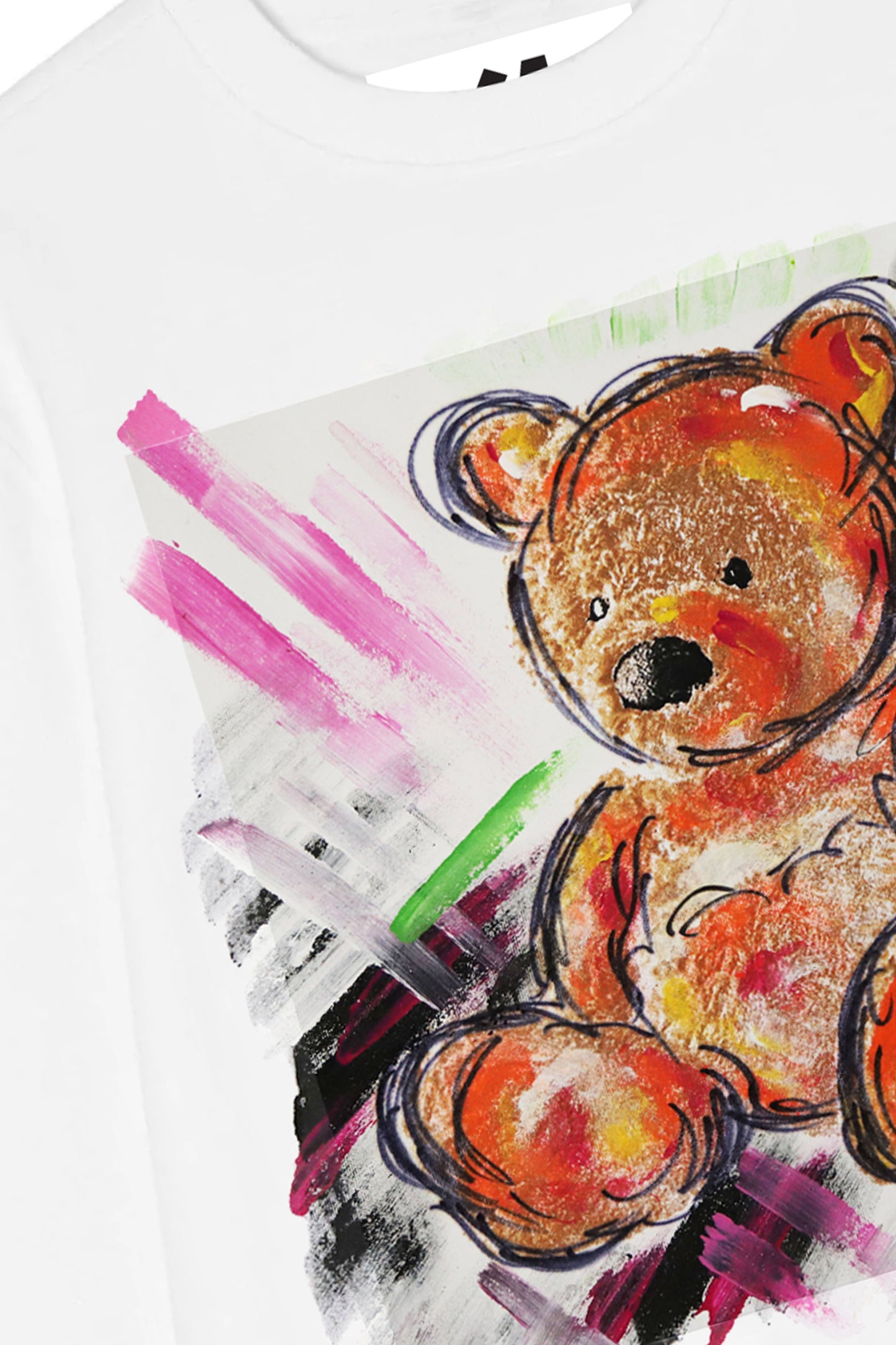 Teddy Bear Print W/Hand Painted Art Work Crew White