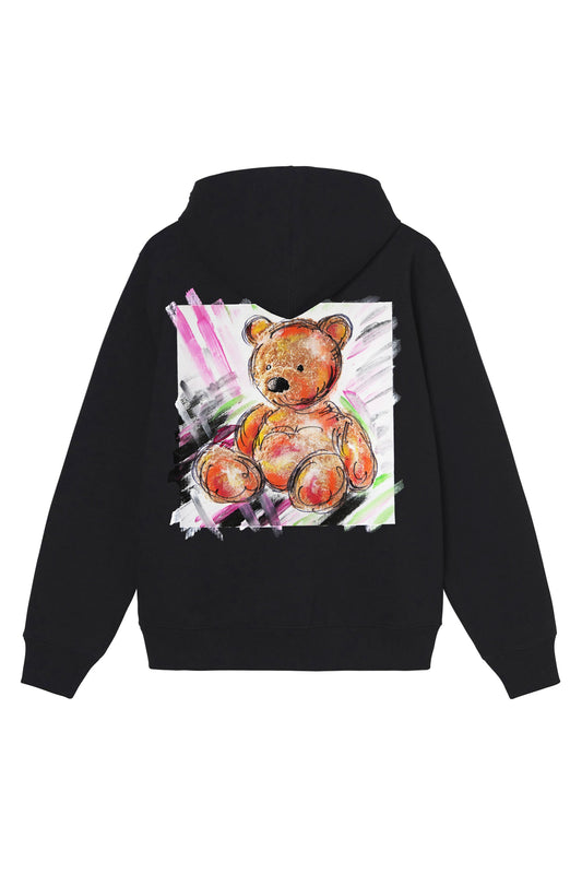 Teddy Bear Print W/Hand Painted Art Work Zip Up Black