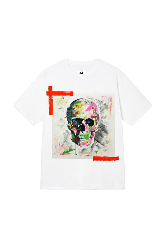 Skull Print W/Hand Painted Art Work Tee White