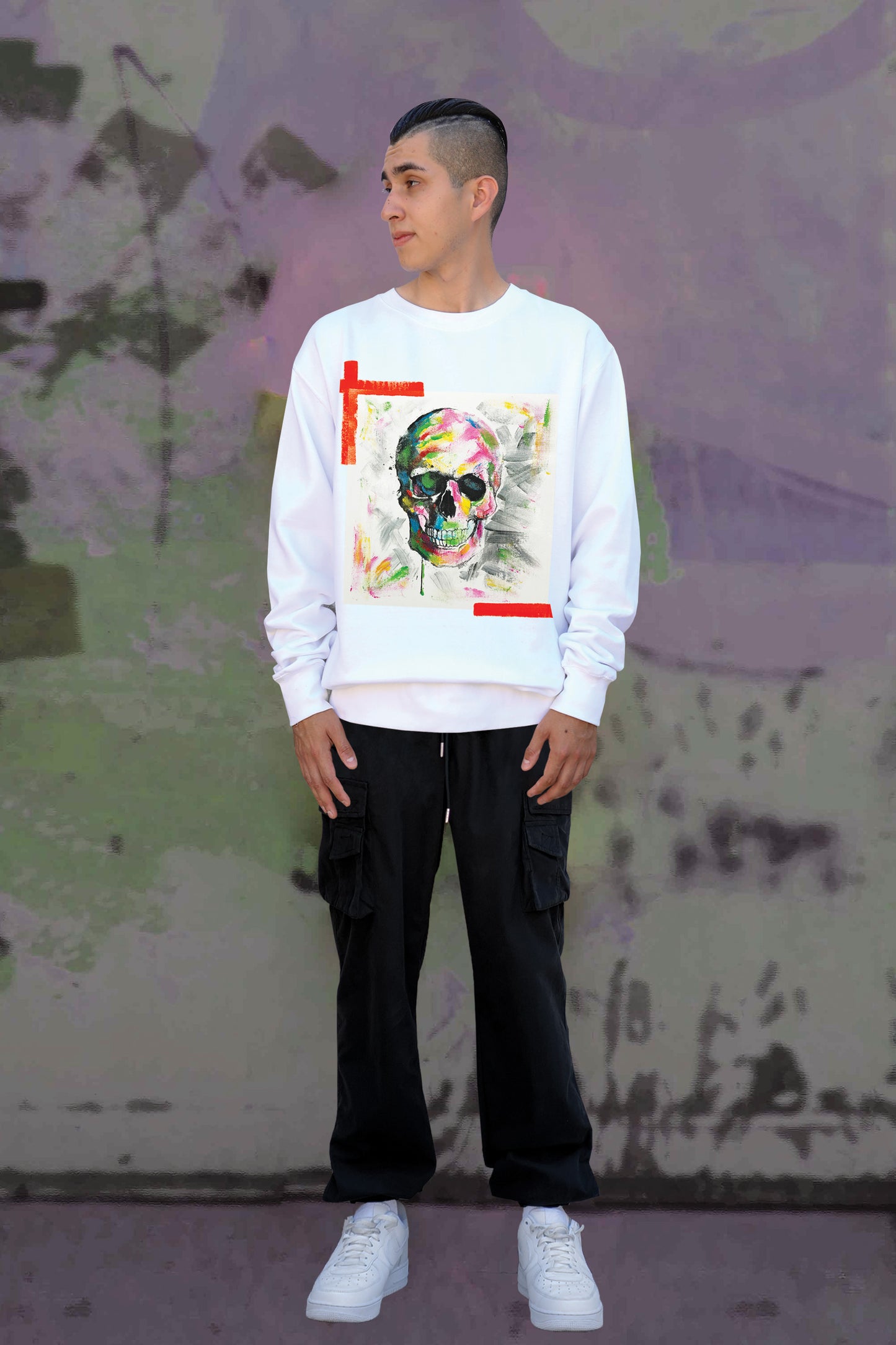 Skull Print W/Hand Painted Art Work Crew White