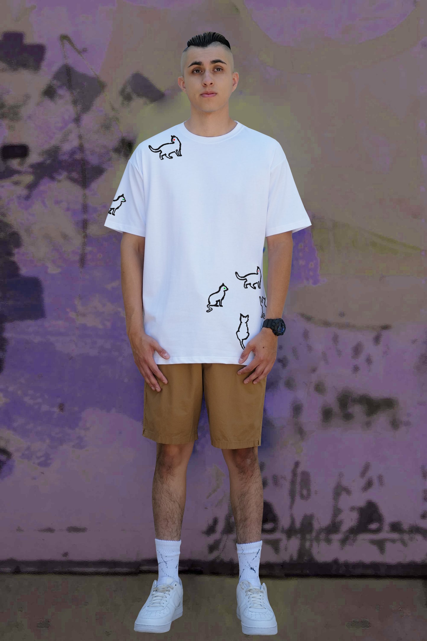 Cats Hand Painted Art Work Tee White