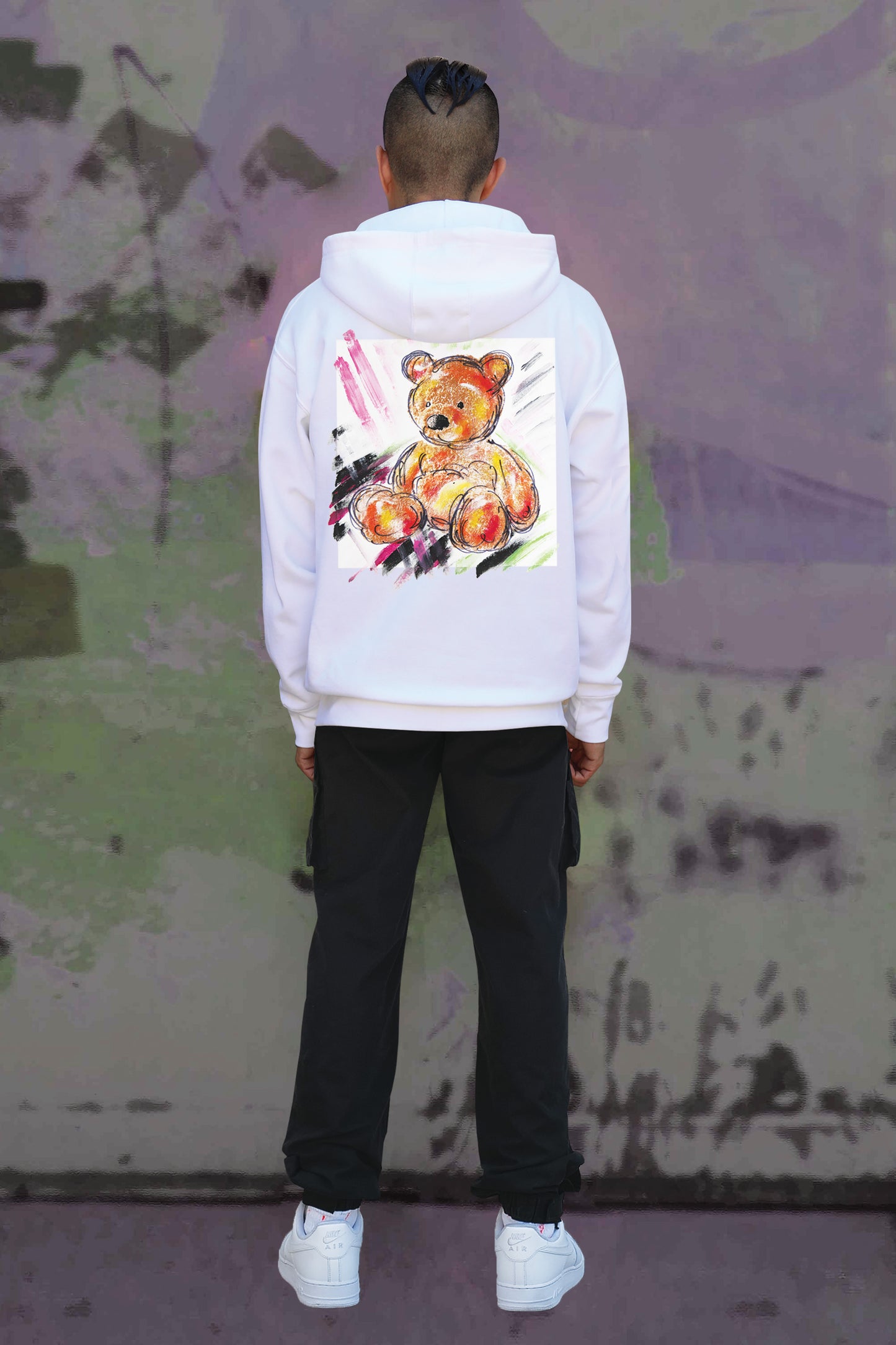 Teddy Bear Print W/Hand Painted Art Work Zip Up White