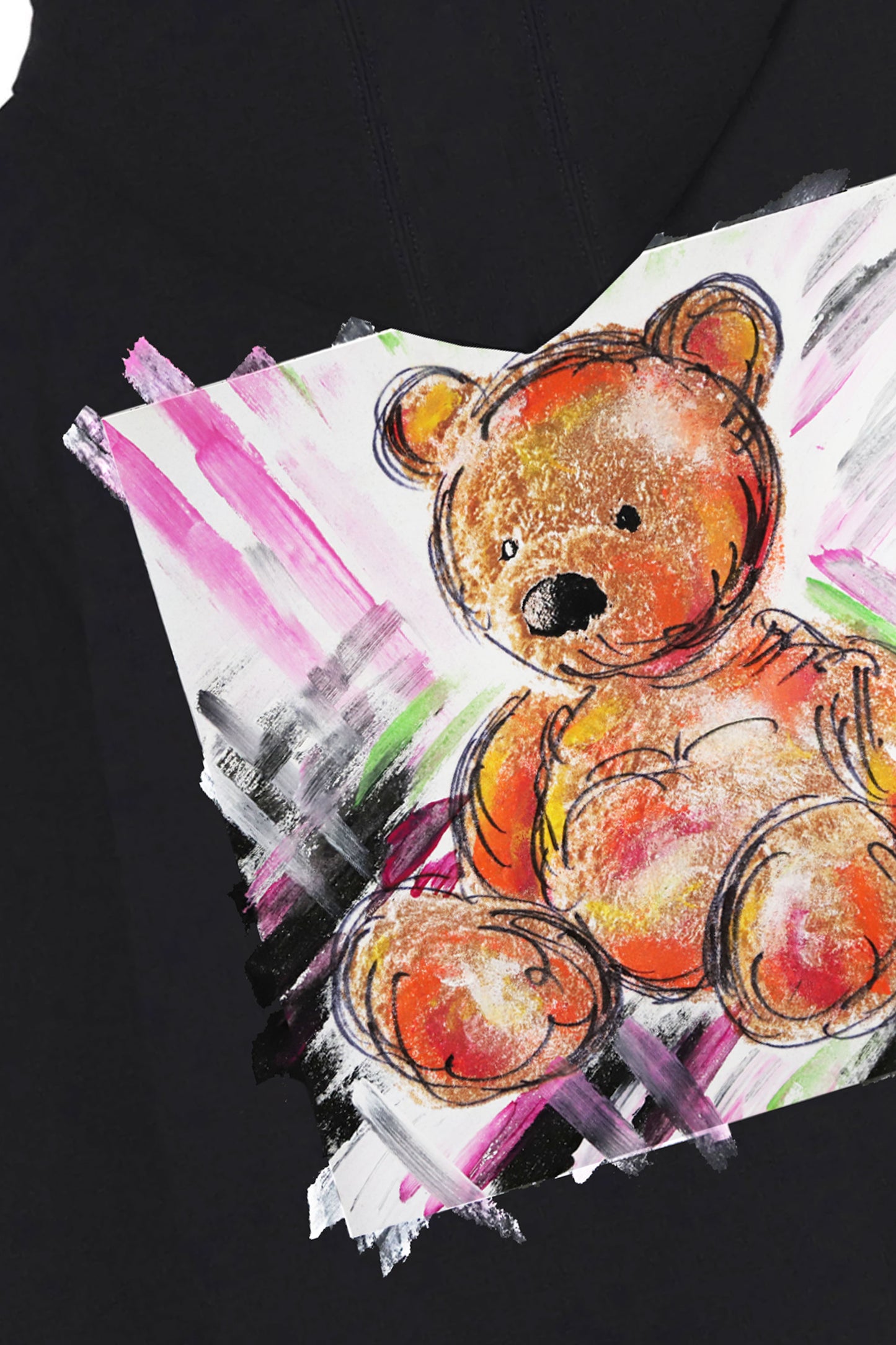 Teddy Bear Print W/Hand Painted Art Work Zip Up Black