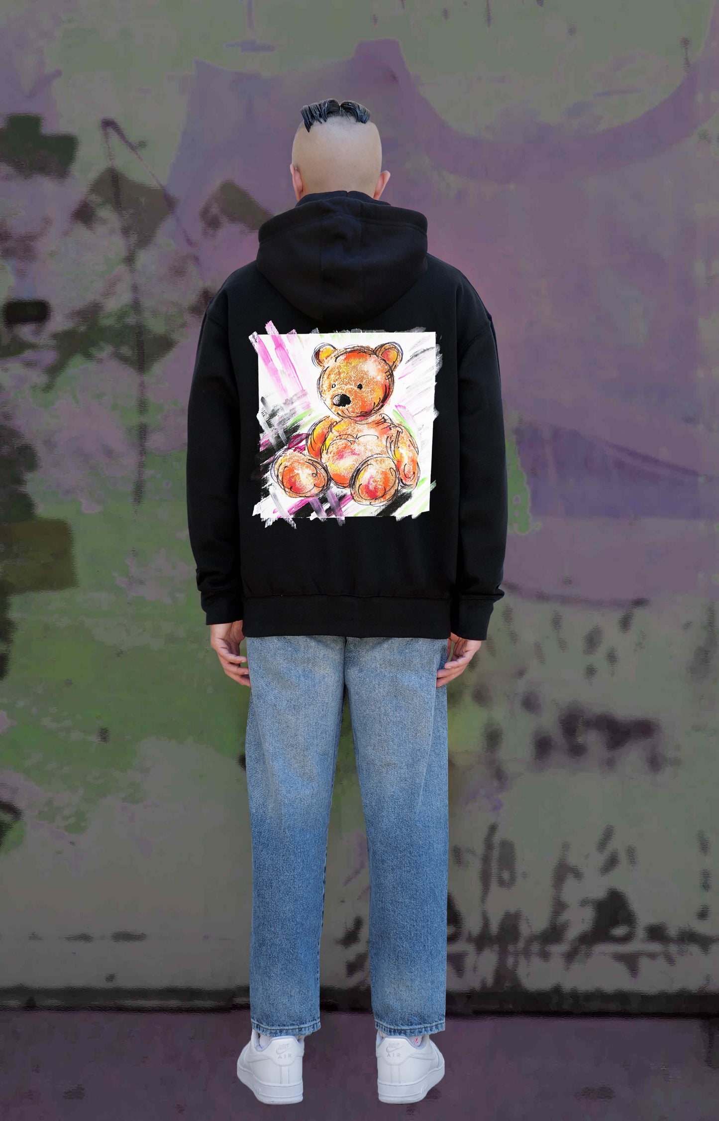 Teddy Bear Print W/Hand Painted Art Work Zip Up Black