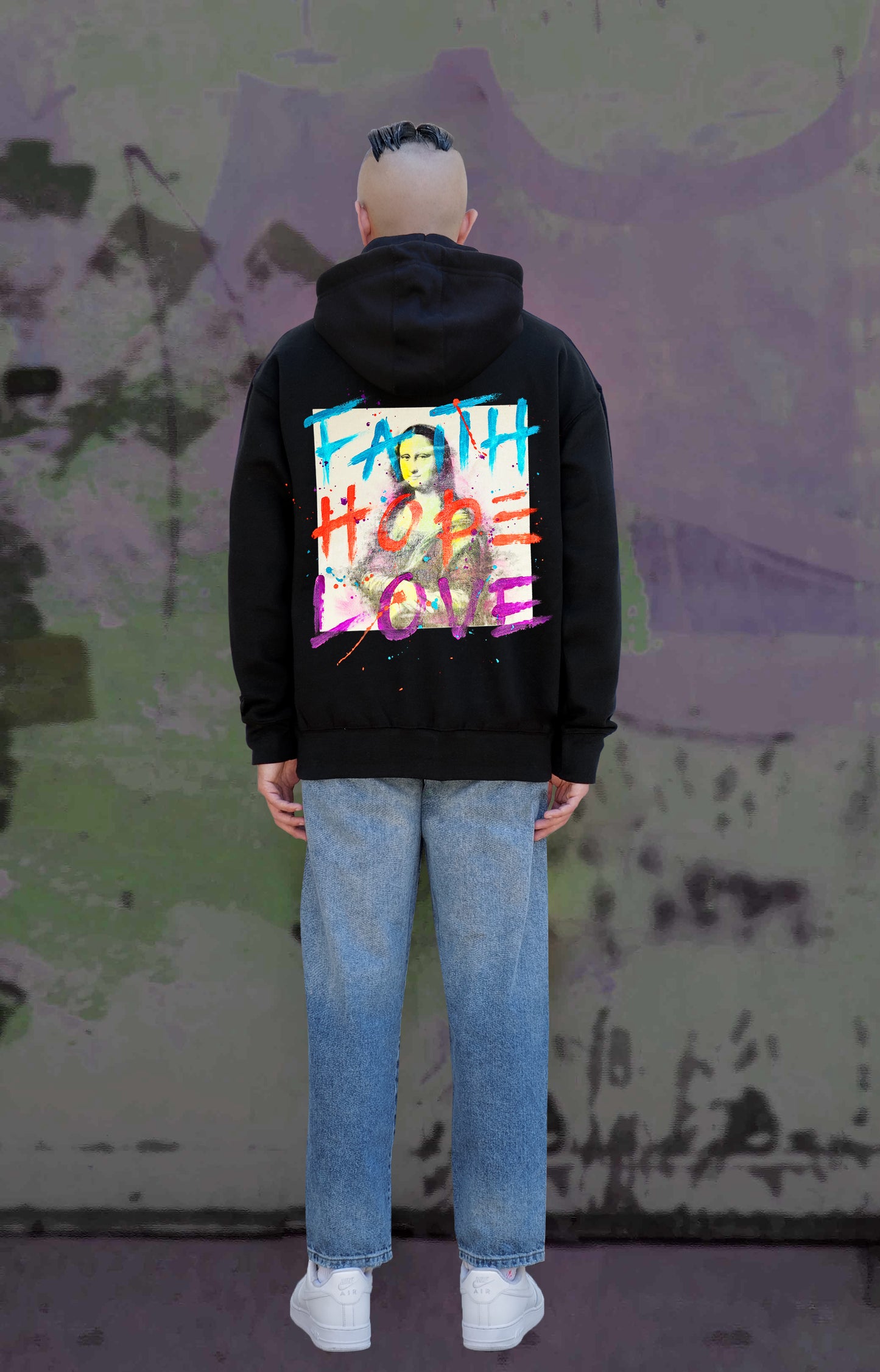 Monalisa Print W/Hand Painted Art Work Zip Up Black