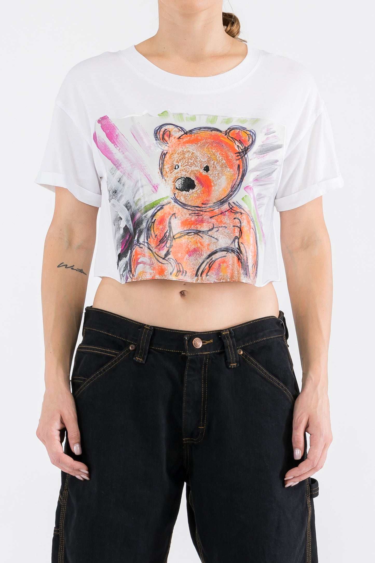 Teddy Bear Print W/Hand Painted Art Work Crop Tee White