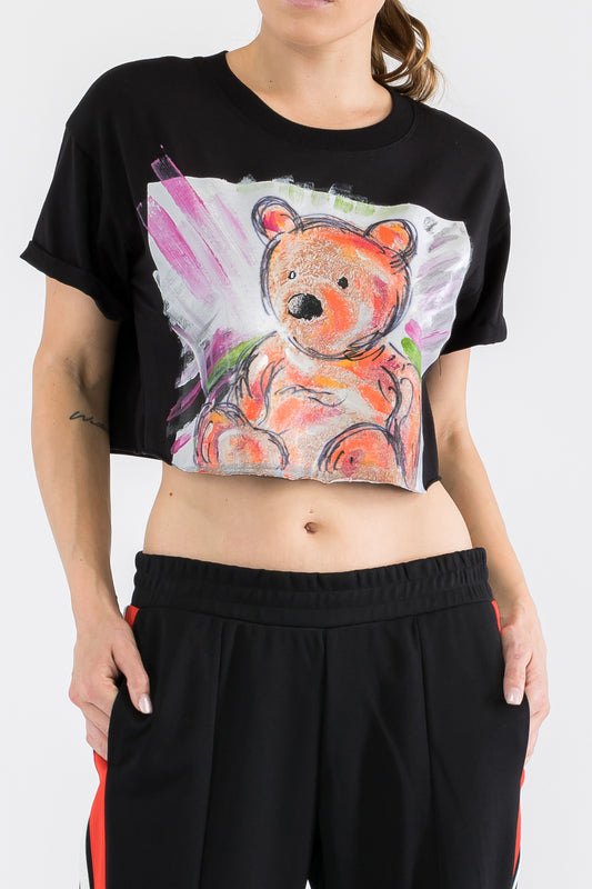 Teddy Bear Print W/Hand Painted Art Work Crop Tee Black