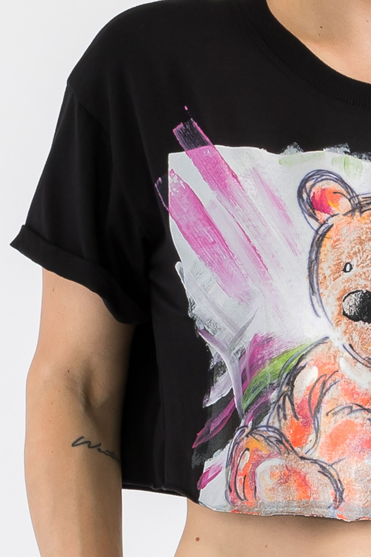 Teddy Bear Print W/Hand Painted Art Work Crop Tee Black