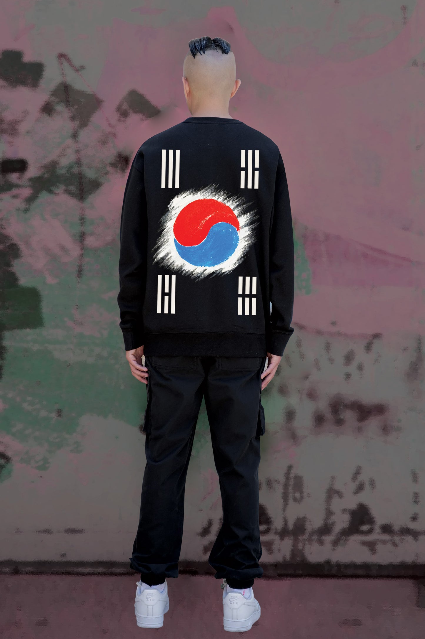 South Korea Flag Hand Painted Art Work Crew Black