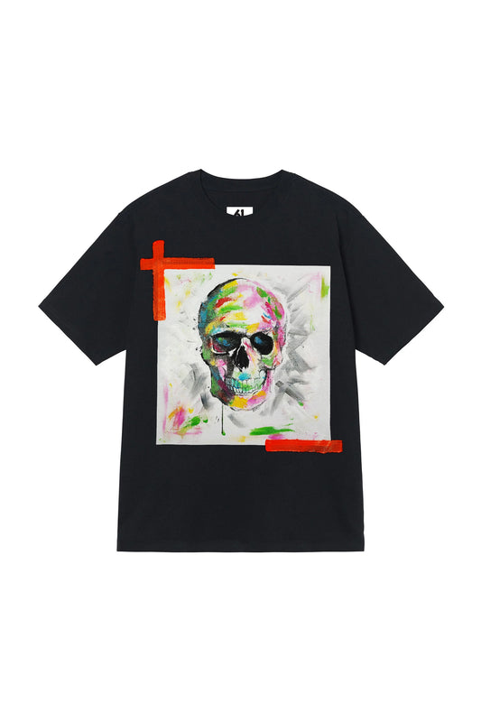 Skull Print W/Hand Painted Art Work Tee Black