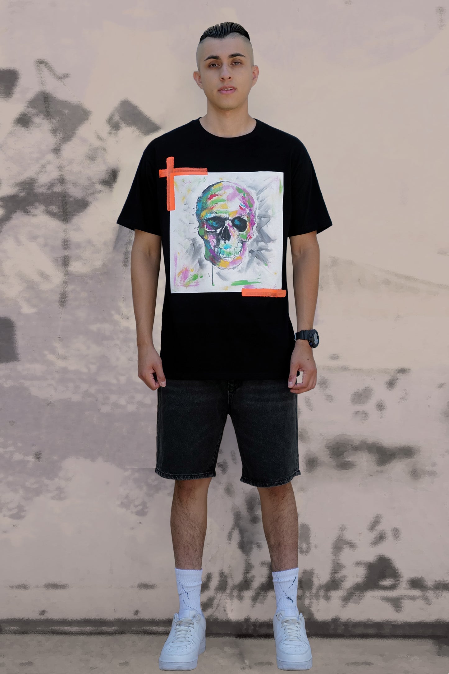 Skull Print W/Hand Painted Art Work Tee Black