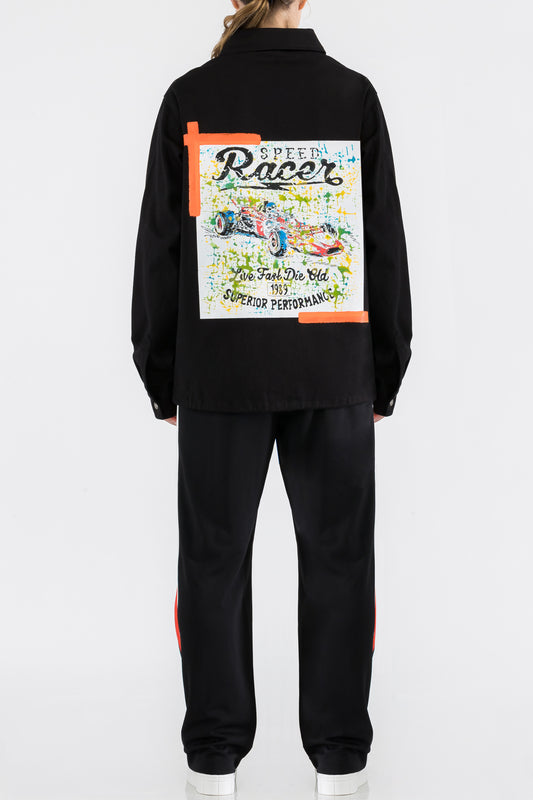 Racing Car Print W/Hand Painted Art Work Black Denim Jacket