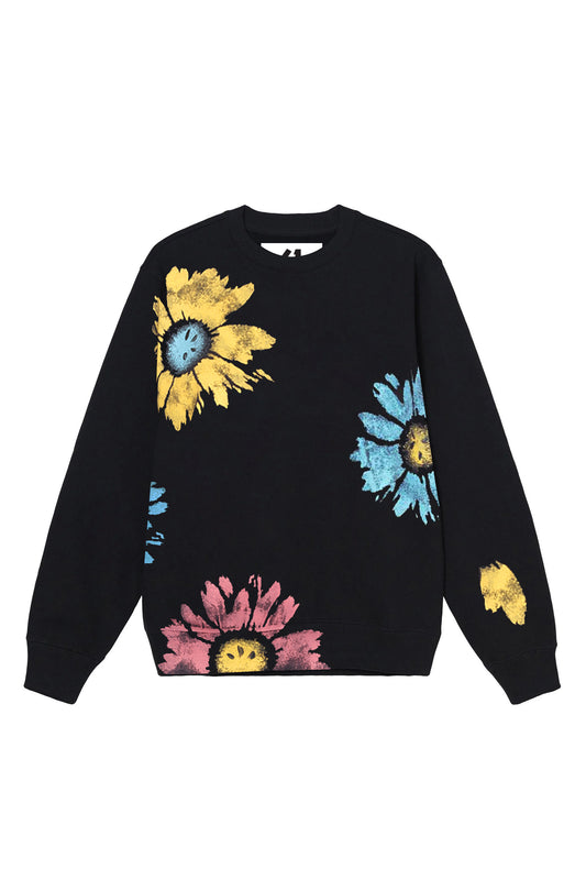 Multi Color Daisy Floral Hand Painted Crew Black