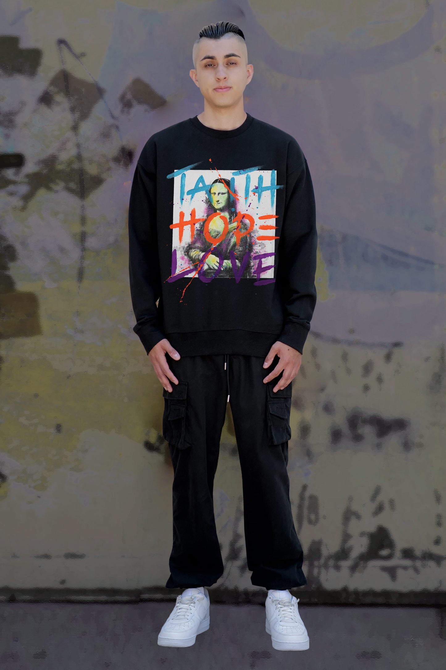 Monalisa Print W/Hand Painted Art Work Crew Black