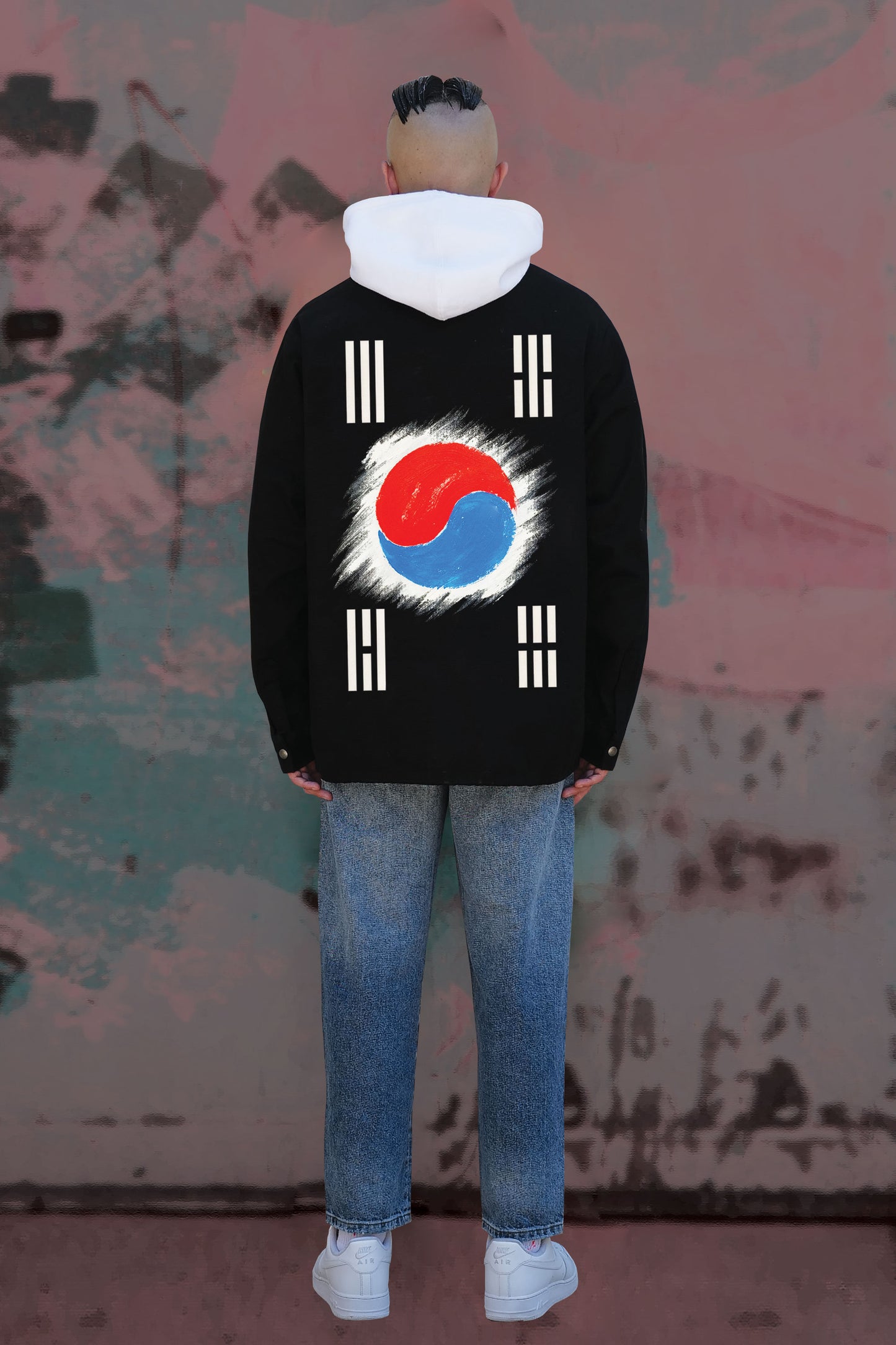 South Korea Flag Hand Painted Art Work Black Denim Jacket