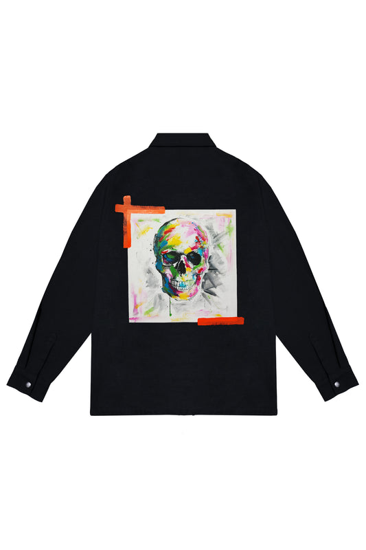 Skull Print W/Hand Painted Art Work Black Denim Jacket