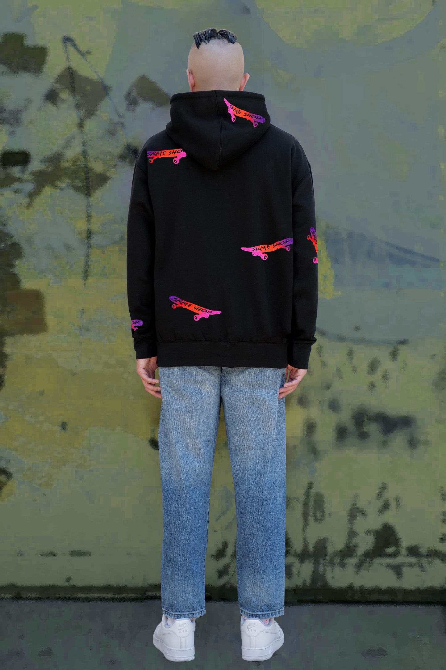 Skateboard Hand Painted Art Work Hoodie Black - Multi