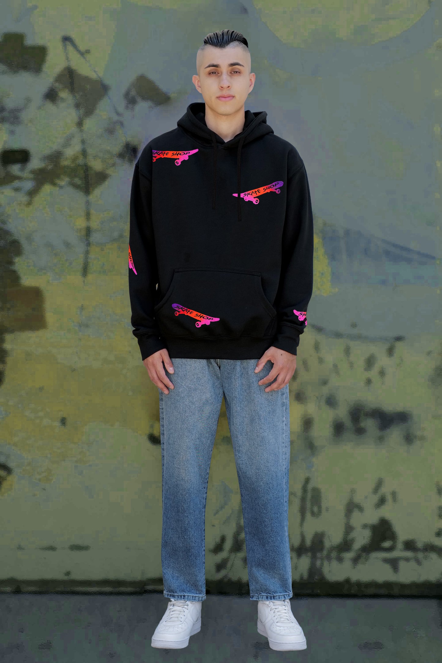 Skateboard Hand Painted Art Work Hoodie Black - Multi