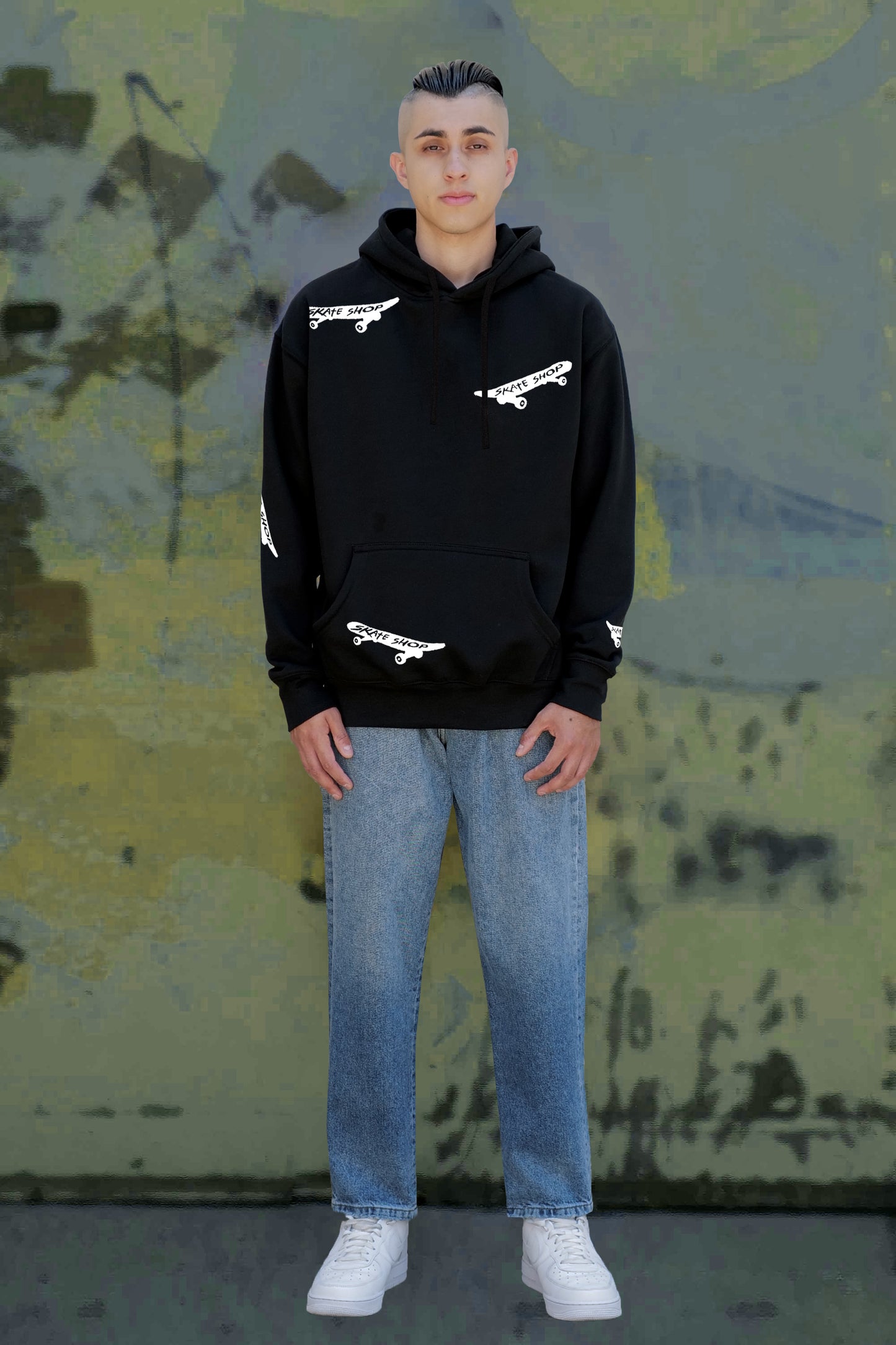 Skateboard Hand Painted Art Work Hoodie Black - White