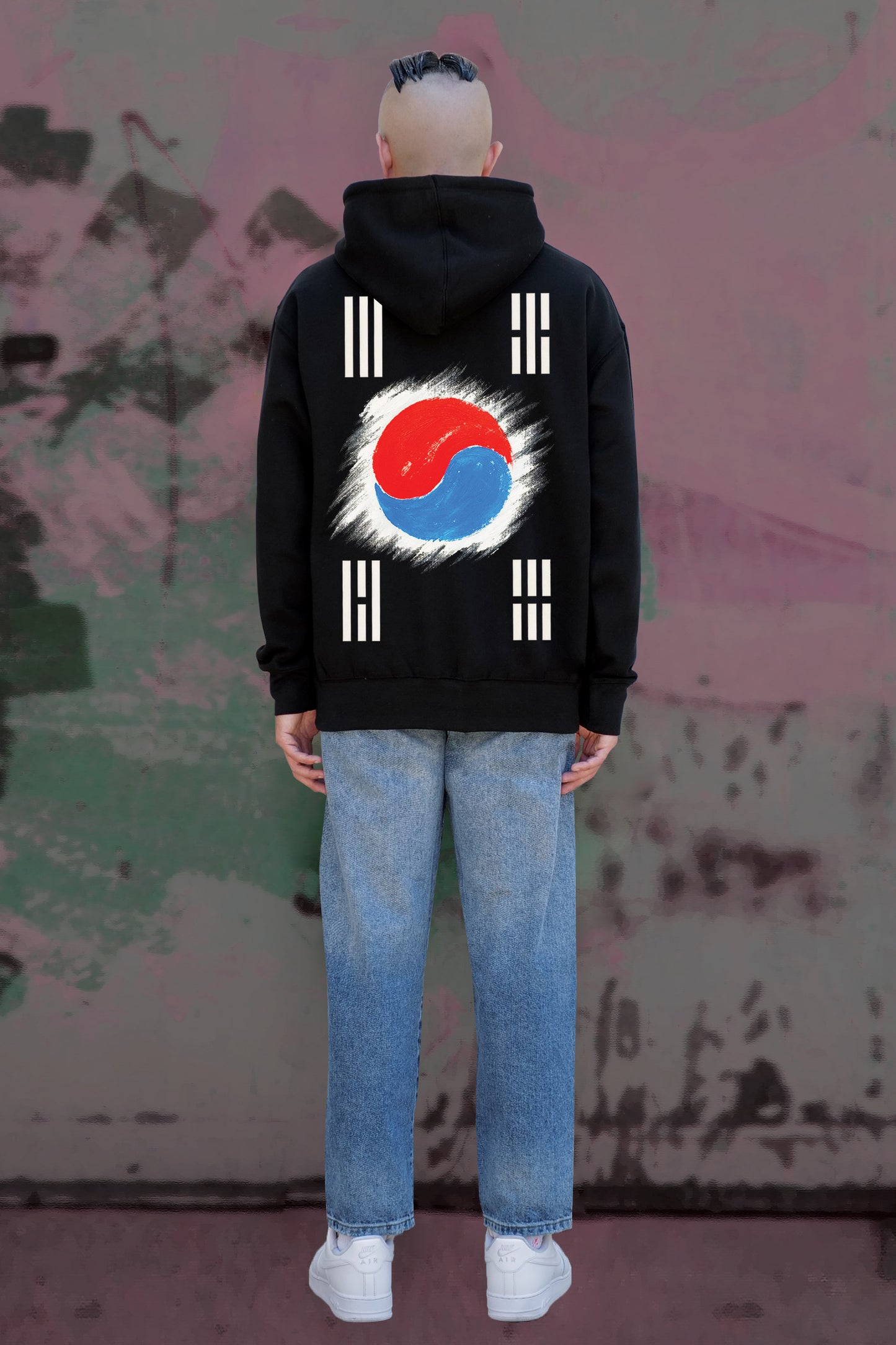 South Korea Flag Hand Painted Art Work Hoodie Black