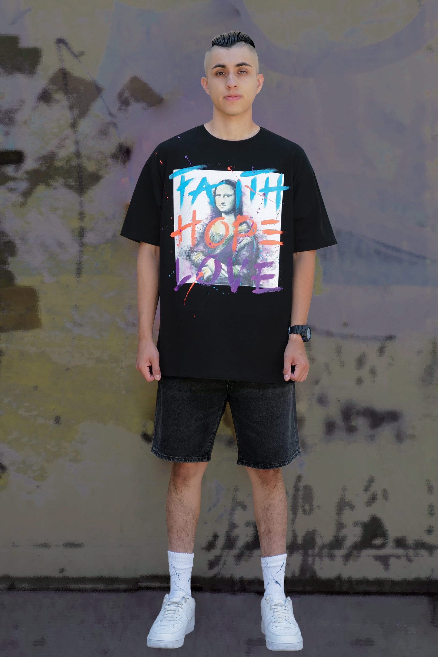 Monalisa Print W/Hand Painted Art Work Tee Black