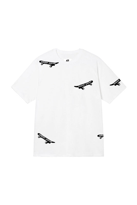 Skateboard Hand Painted Art Work Tee White - Black