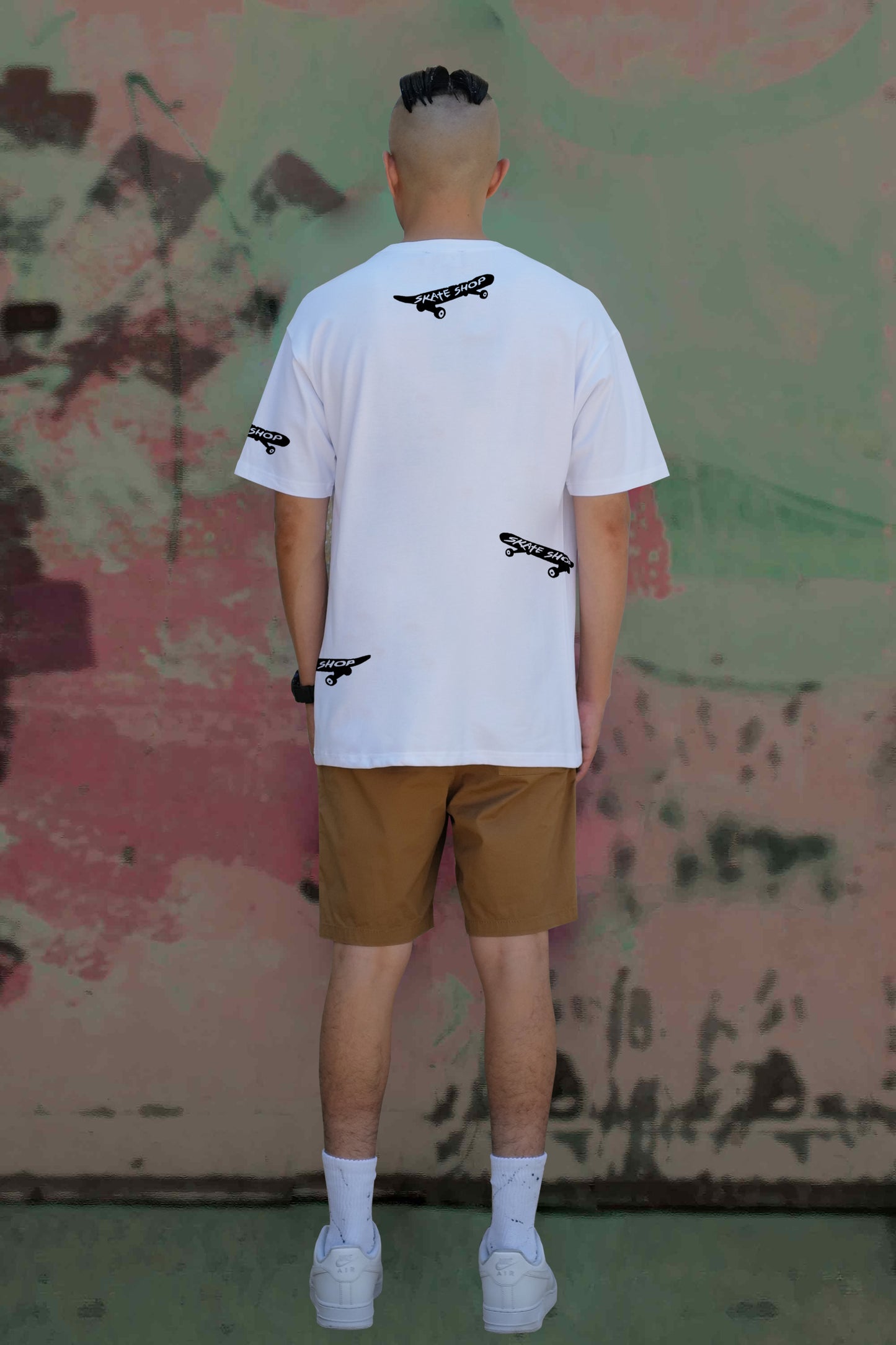 Skateboard Hand Painted Art Work Tee White - Black