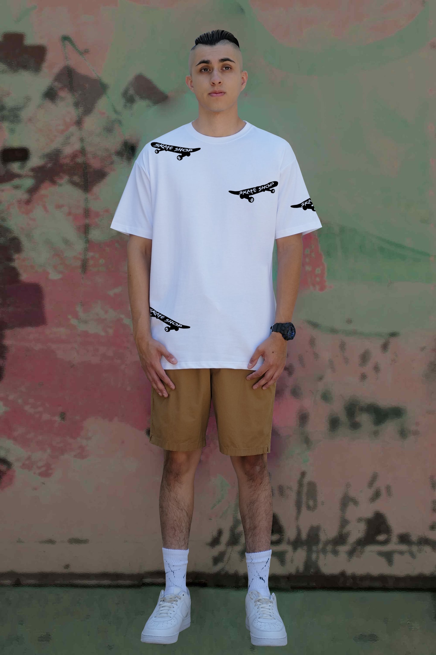 Skateboard Hand Painted Art Work Tee White - Black