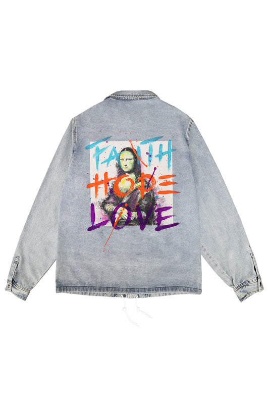 Monalisa Print W/Hand Painted Art Work Light Blue Denim Jacket