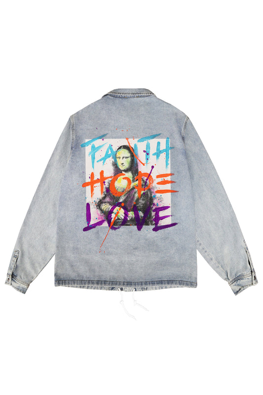 Monalisa Print W/Hand Painted Art Work Light Blue Denim Jacket