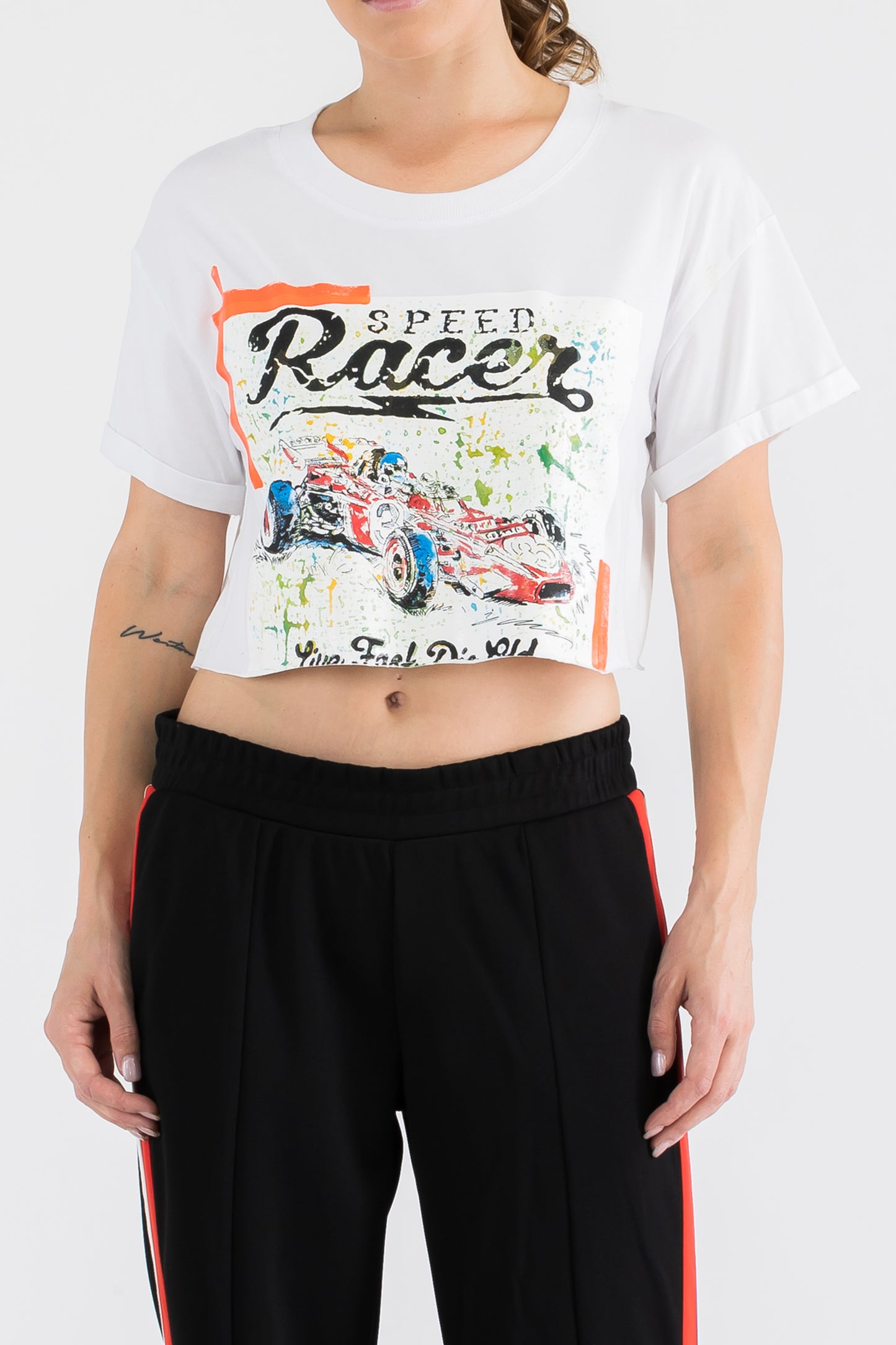 Racing Car Print W/Hand Painted Art Work Crop Tee White