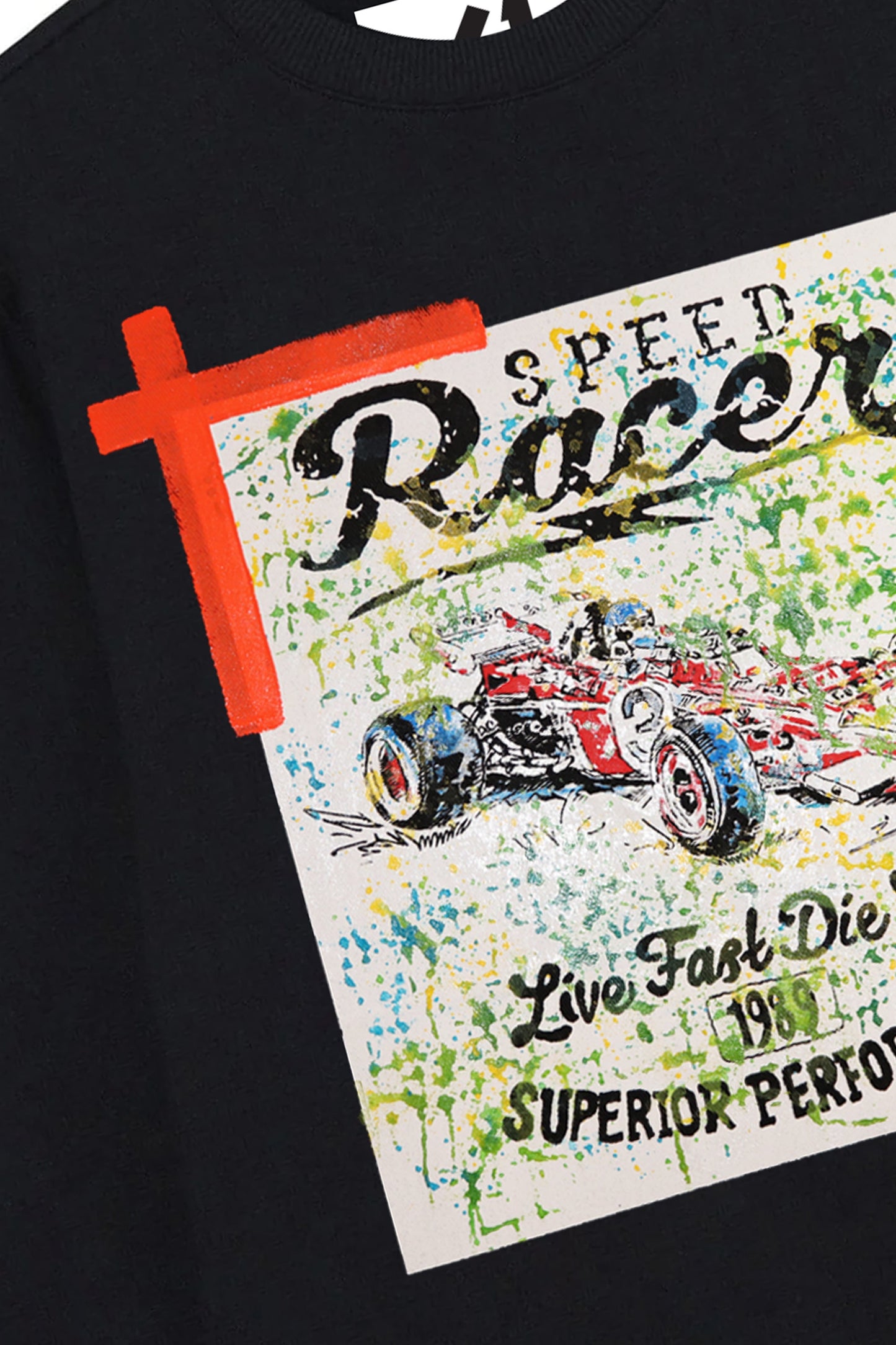 Racing Car Print W/Hand Painted Art Work Crew Black