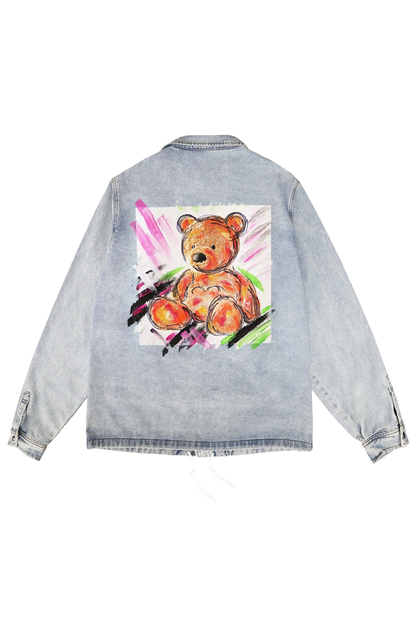 Teddy Bear Print W/Hand Painted Art Work Light Blue Denim Jacket