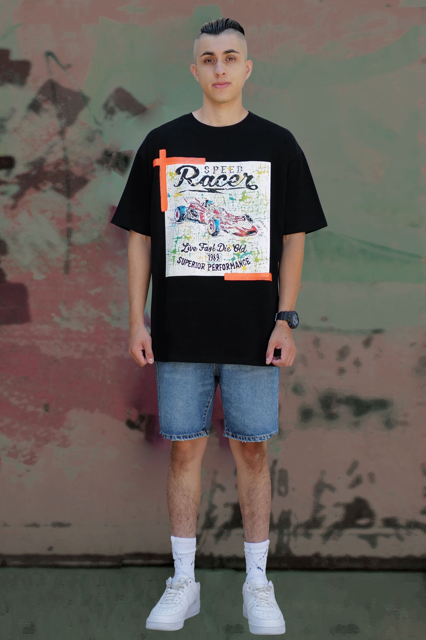 Racing Car Print W/Hand Painted Art Work Tee Black