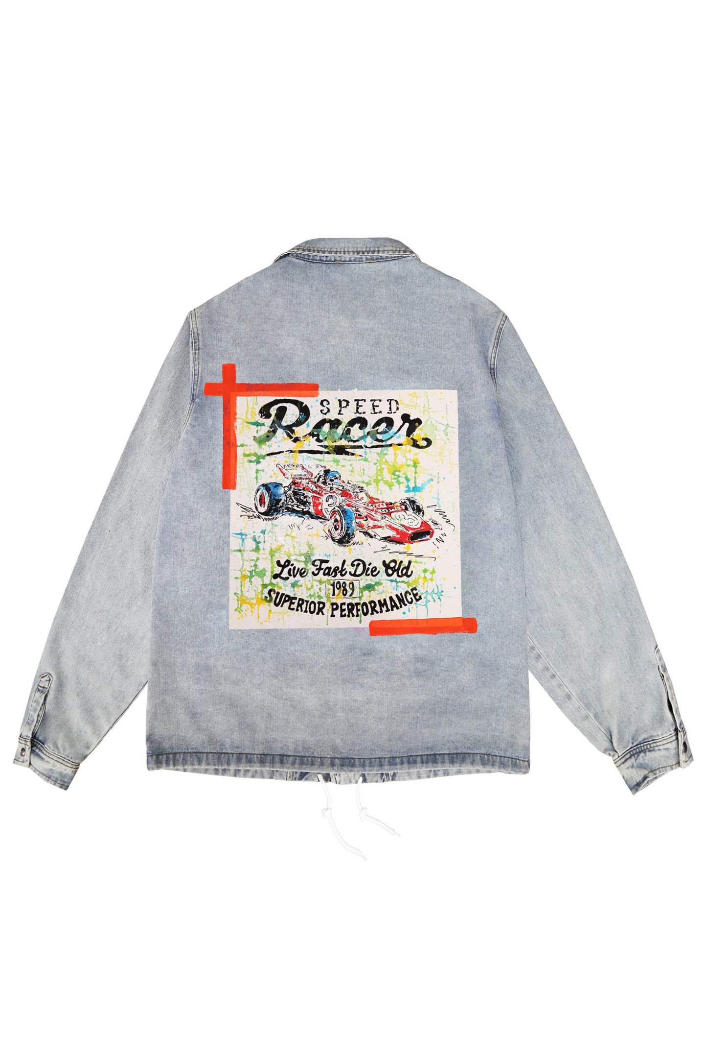 Racing Car Print W/Hand Painted Art Work Light Blue Denim Jacket